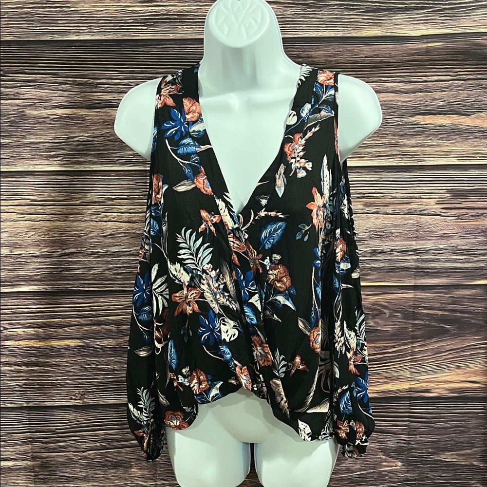 Lush Floral Wrap Blouse - Cold Shoulder Black and Blue and Pink - Picture 1 of 7